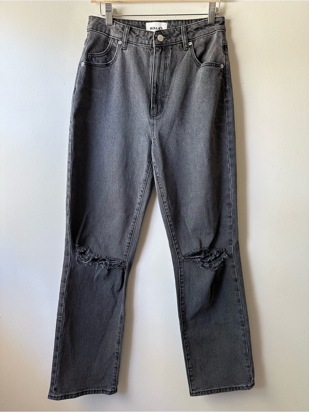 Rolla's Original High Rise Straight Leg Aussie 11 Black Grunge Size 29 Knee Rips